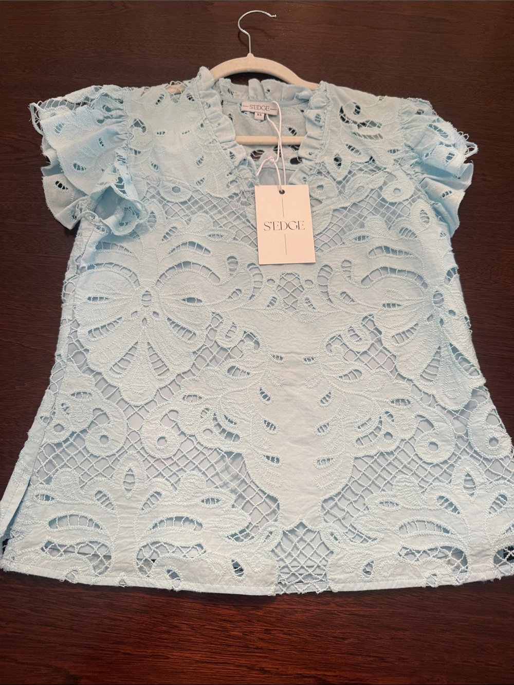 S’Edge Magnolia Top Powder Blue Lace Flutter Sleeve Blouse